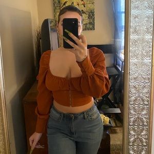 Button detail off the shoulder top